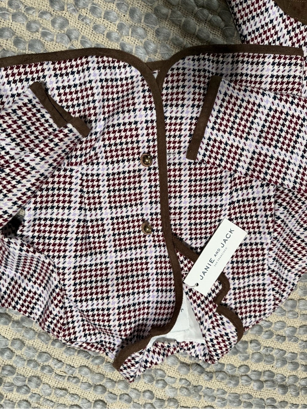 Janie and Jack Burgundy and Brown Houndstooth Trim Cardigan